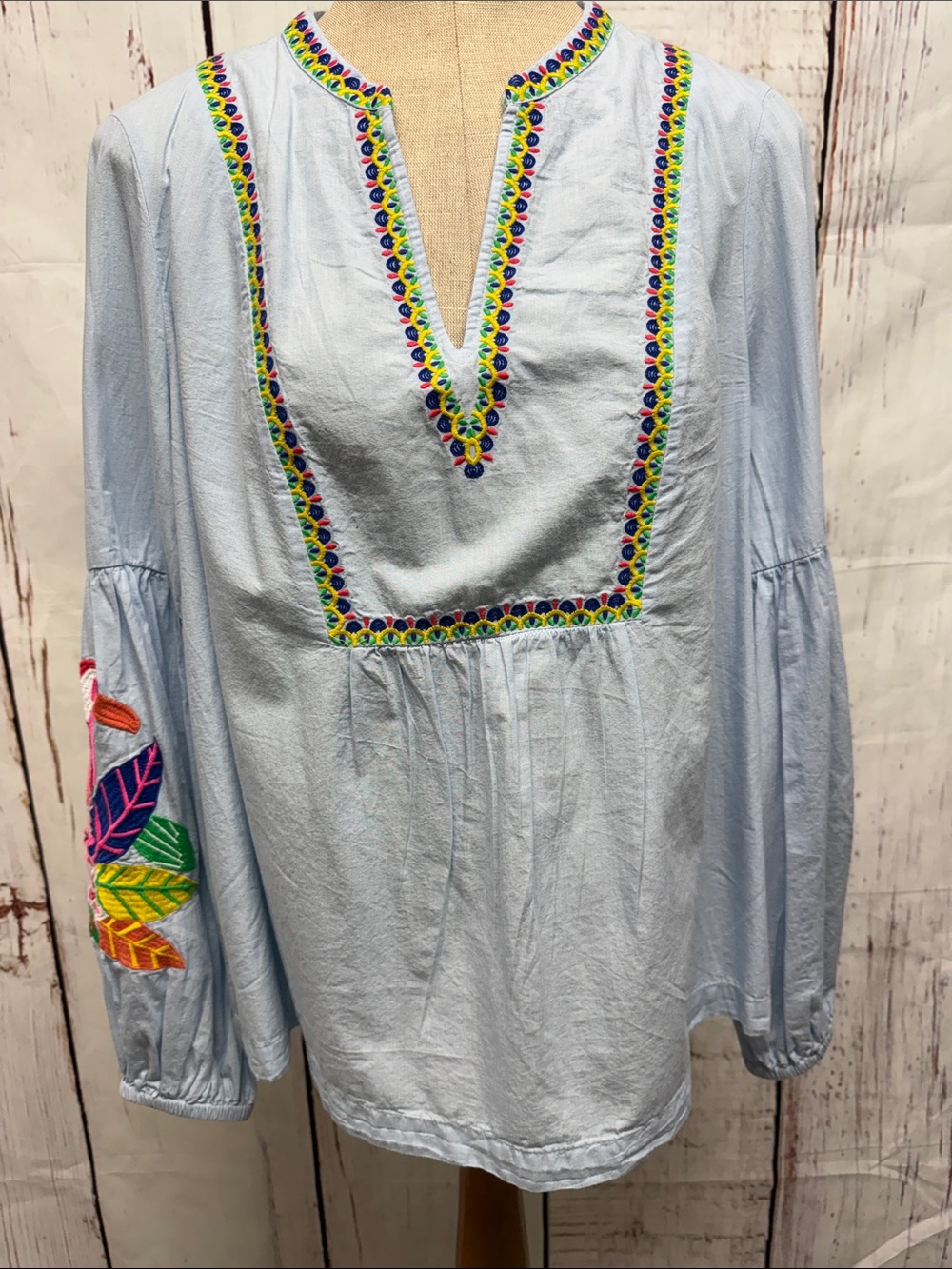 crown & ivy Light Blue Peasant Blouse with Multicolor Embroidery
